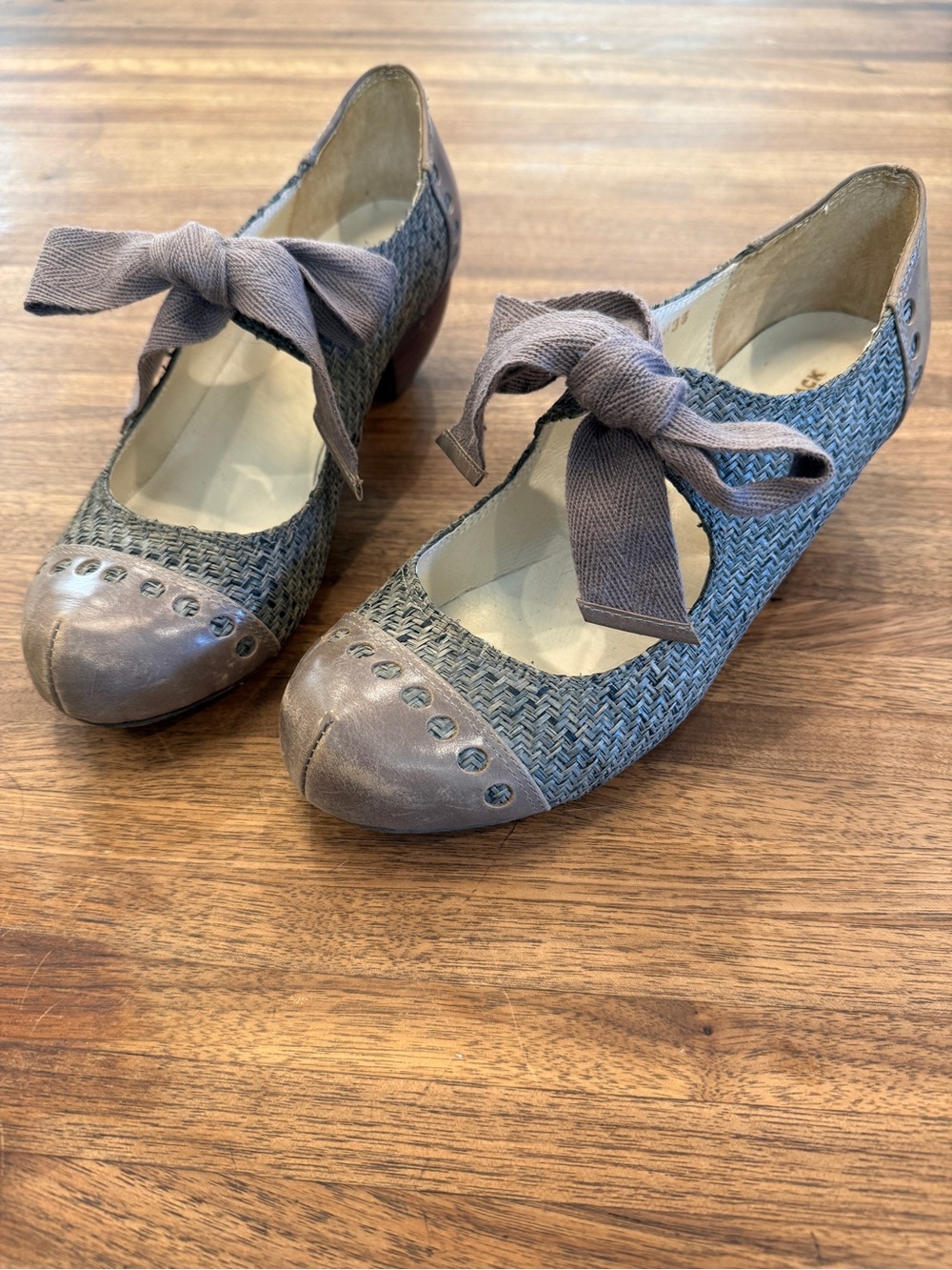 All Black Brand Woven Taupe Bow Mary Jane Heels
